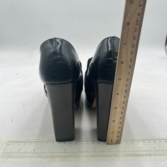 FOWT Black Chunky Heel Loafer Square Toe High Heel Slip-on Crocodile-Text Pumps - Picture 5 of 8